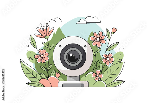 Webcam surrounded by vibrant flowers and green leaves.