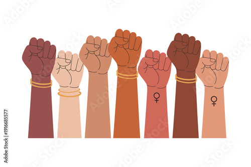 Diverse Women Raised Fists for Equality Illustration. Female Empowerment, Feminism and Gender Equality Concept with Different Skin Tones and Solidarity Symbol. Vector Illustration. Editable Stroke.