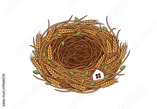 Nest made of wheat stalks with a tiny house inside.