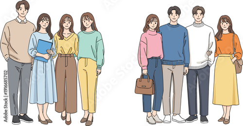 Flat illustration set of diverse young men and women wearing trendy autumn and spring business casual seasonal fashion
