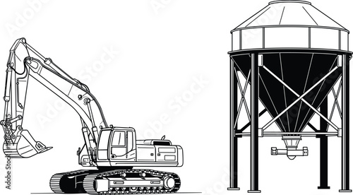 Construction excavator and industrial silo line art illustration, isolated on white background for engineering design, manufacturing projects, technical manuals, and industrial branding