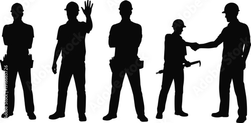 Silhouettes of construction workers in hard hats and tool belts, teamwork handshake, communication, labor industry collaboration illustration