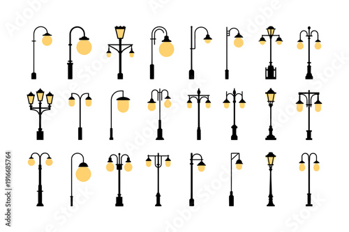 Classic Street Lamp Silhouette icon Set. Vintage and Modern Outdoor Lantern Poles with Glowing Lights, Urban Streetlight and More. Vector Illustration. Editable Stroke.