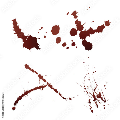 Set of hand drawn featuring various bloodstains in different shapes and sizes. High-quality realistic drips, splatters, drops, and smears, suitable for horror designs, medical graphics, crime scene.