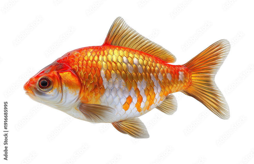 Obraz premium A detailed close-up of a vibrant orange and white goldfish with shimmering scales isolated on a transparent background