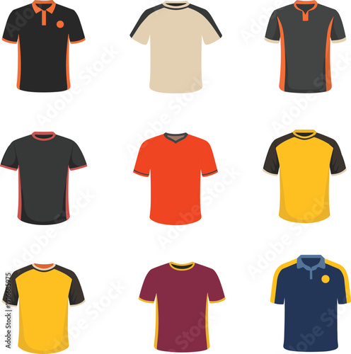 Men sports t shirt and polo shirt collection isolated on white background, colorful athletic apparel set for team uniform design