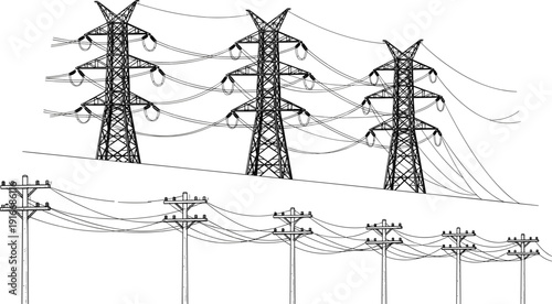 High voltage transmission towers and utility poles with overhead power lines, detailed black and white vector illustration of electrical infrastructure network