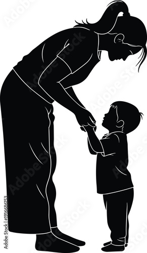 Loving mother and child silhouette holding hands in tender moment isolated on white background for parenting, family bonding, and emotional lifestyle concept design