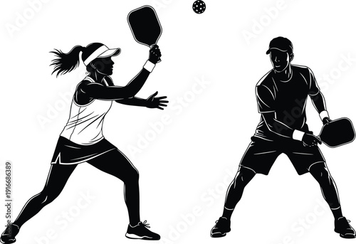Pickleball players silhouettes competing in doubles match with paddles and ball, isolated on white background for sports design, fitness promotion, and recreation concepts