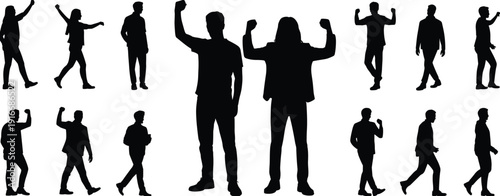 Silhouettes of diverse people in various poses, unity and empowerment concept, group of individuals raising arms together
