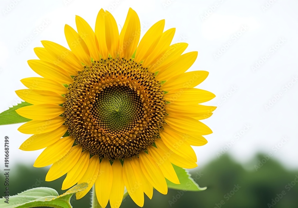 Obraz premium Bright yellow sunflower with green center and leaves on blurred background