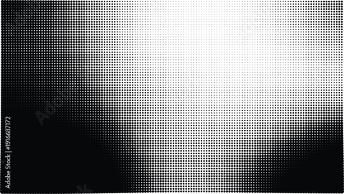 Abstract halftone gradient background. Blurry noisy texture with black and white transition. Retro distressed film grain effect. Vector illustration wallpaper.