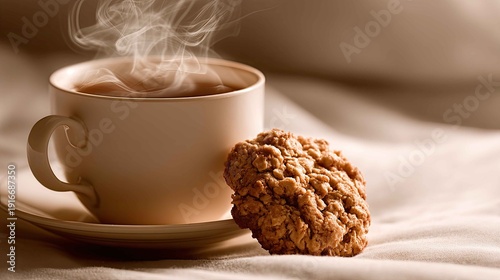Warm Cup of Coffee with Oatmeal Cookie on Soft Bed Linen