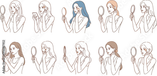 Line art illustration set of ten women applying makeup with hand mirrors for beauty blogs and cosmetic branding