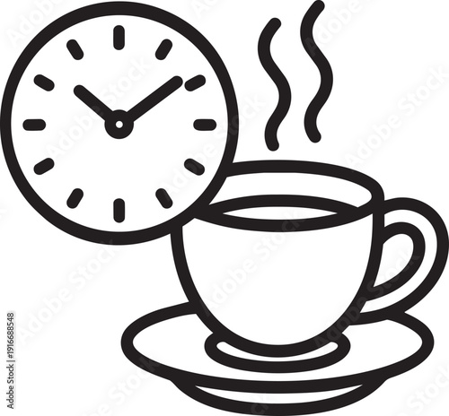Coffee break time illustration showing hot beverage cup next to wall clock signifying resting period