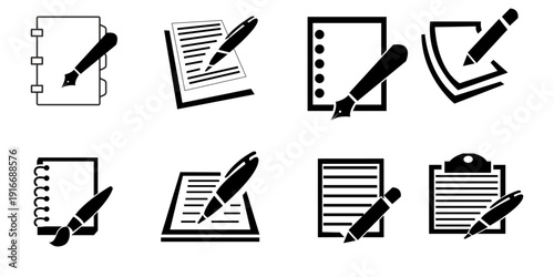 Black and white icons of pens on various writing materials