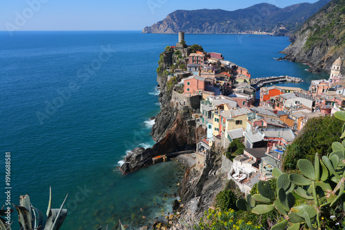 View of the picturesque coastal village of Vernazza in Cinque Terre on the Ligurian Coast in Italy