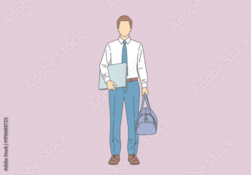 Professional man in business attire carrying laptop and duffel bag ready for travel or work on light purple background