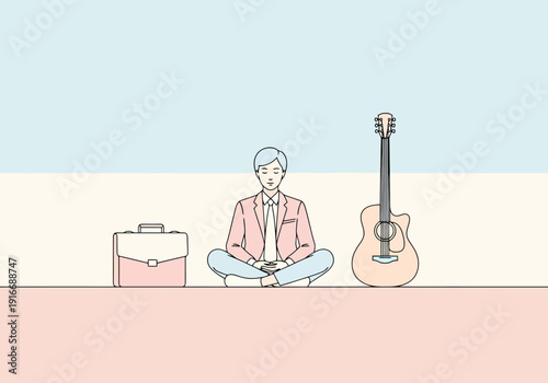 Businessman Meditating Between Briefcase and Guitar Symbolizing Work life Balance and Personal Harmony
