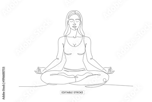 A minimalist line drawing depicts a woman meditating in the lotus position with serene expression