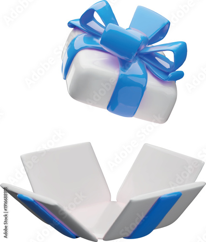 3D open white gift box with blue ribbon bow vector icon, realistic festive present surprise unbox celebration package