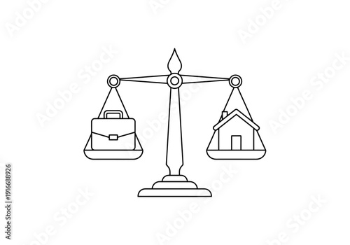 Balancing Act Between Professional Career and Personal Life Demands Represented by Scales Holding Briefcase and House