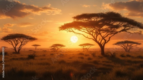 Golden sunset over savanna, acacia trees silhouetted