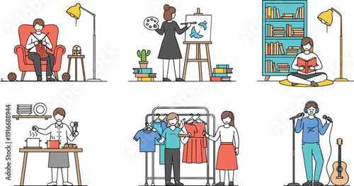 Set of six flat vector illustrations featuring characters engaged in knitting, painting, reading, cooking, fashion, and music
