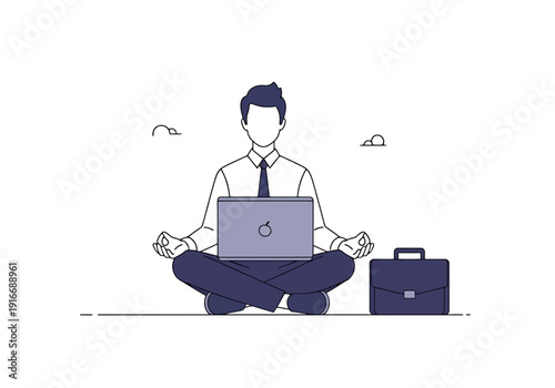 Business professional meditating with laptop and briefcase suggesting work life balance and corporate wellness concept for remote work and digital