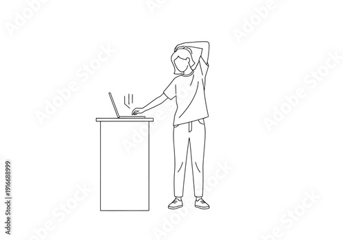 Person working on computer at desk stretching arm behind head during office work break routine activity indoors