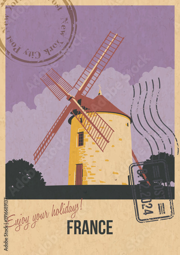 France Attraction Postcard, Traditional Windmill Normandy Illustration, Vector Template Retro Style Greeting Card. Postal Imprint, Aged Paper Texture