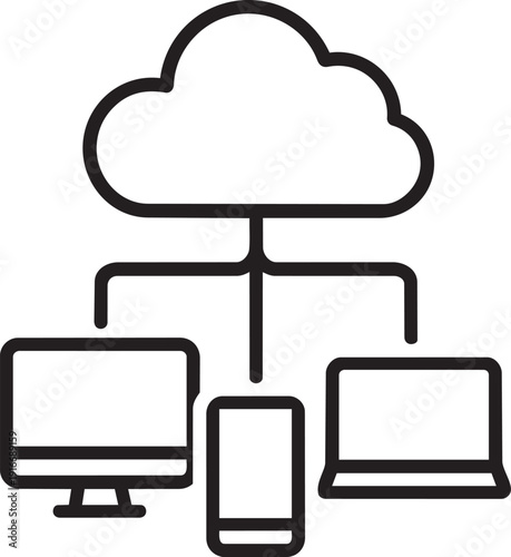 Cloud computing network icon displaying cloud connected to desktop tablet and mobile devices via lines