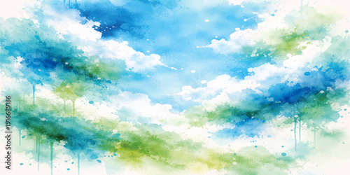 Hand painted abstract watercolor background featuring a beautiful summer sky with fluffy white clouds and blue sunlight in a clear atmosphere