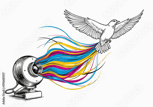 Creative concept of a projector releasing a colorful bird of freedom.