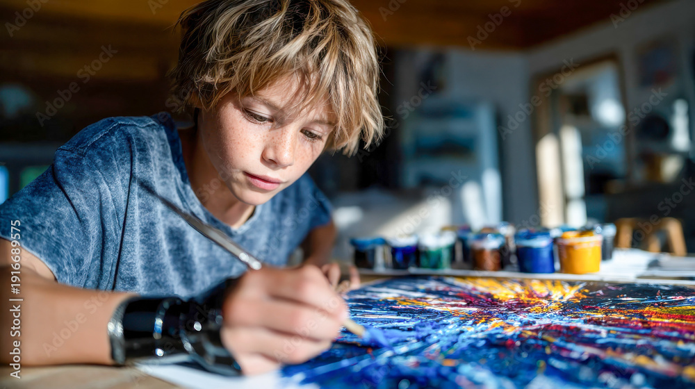 Fototapeta premium Teen artist painting colorful artwork with a robotic prosthetic arm, creative future tech concept