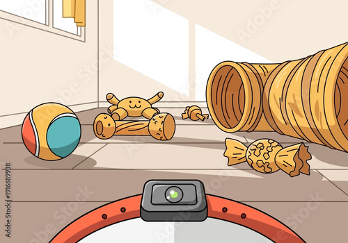 Dog toys and accessories in a room setting.