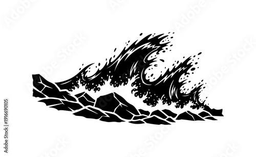 Silhouette of a crashing wave on rocky shoreline