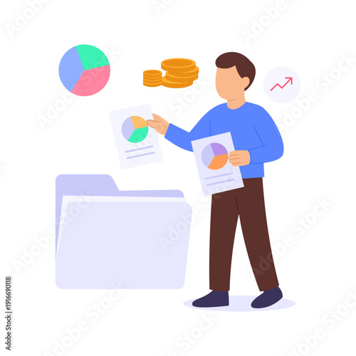 Investment Portfolio, managing diversified assets for growth, Flat vector character illustration