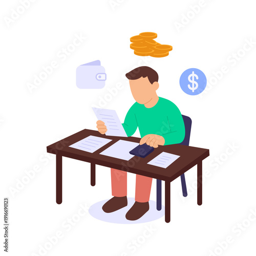 Current Finances, reviewing present income expenses and assets, Flat vector character illustration