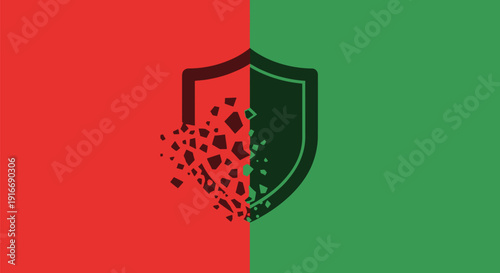 Shield Symbol Breaking Apart on Red Green Background.