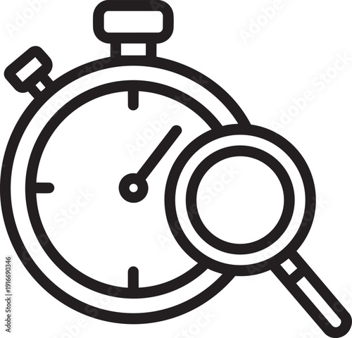 Time tracking analysis icon depicting stopwatch timer coupled with magnifying glass for efficiency auditing concepts