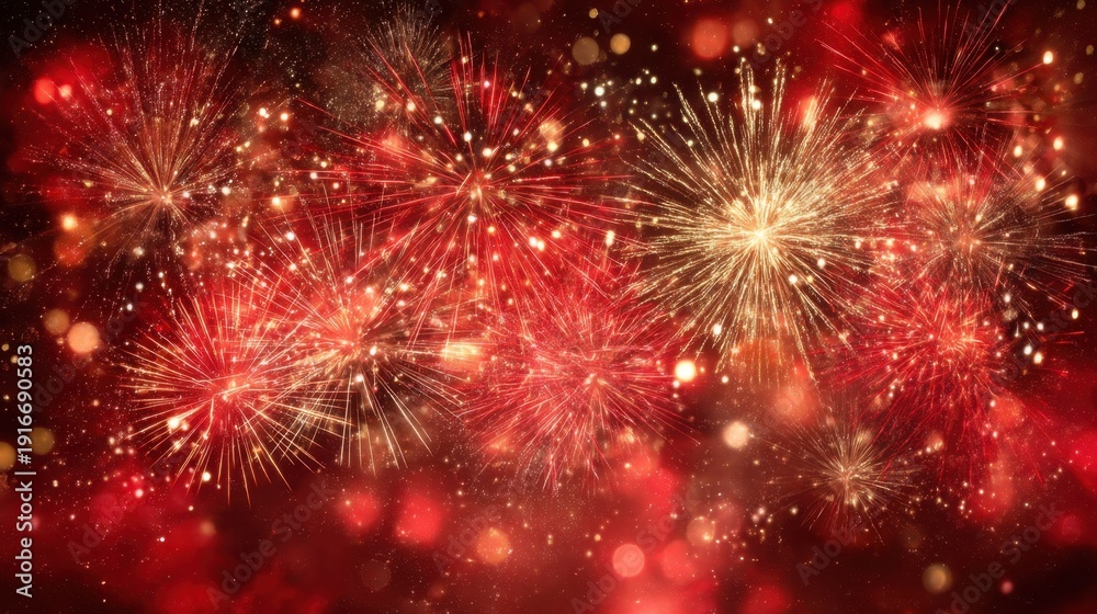 Fototapeta premium Vibrant Display of Red and Gold Fireworks Bursting Against a Dark Background with Bokeh Effect for Celebratory Events