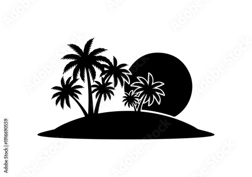 Tropical island silhouette with palm trees at sunset
