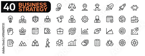 business strategy thin line icon collection, minimal editable stroke vector set representing teamwork, finance, organization, planning, and leadership concepts.