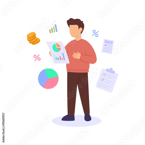 Statement Analysis, reviewing financial reports for insights, Flat vector character illustration
