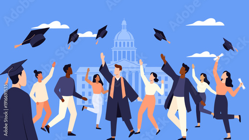 A vibrant flat design illustration captures a diverse group of joyful graduates celebrating their achievement by throwing their caps in the air.