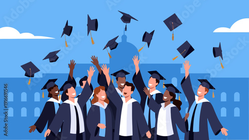 A vibrant flat design illustration captures a diverse group of joyful graduates celebrating their achievement by throwing their caps in the air.