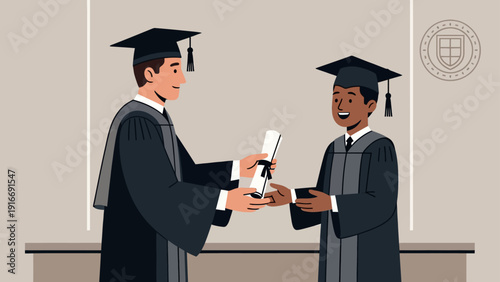This flat design illustration shows a proud graduate receiving their diploma from an academic official on a simple stage, symbolizing the culmination of their educational journey