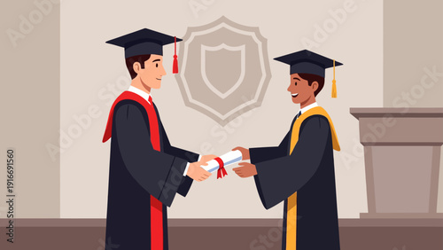 This flat design illustration shows a proud graduate receiving their diploma from an academic official on a simple stage, symbolizing the culmination of their educational journey