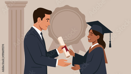 This flat design illustration shows a proud graduate receiving their diploma from an academic official on a simple stage, symbolizing the culmination of their educational journey